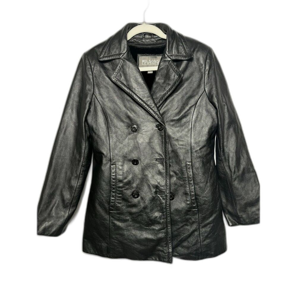 Wilson's Leather Coat Women's Size Small Black Pea Coat Classic Lined Winter